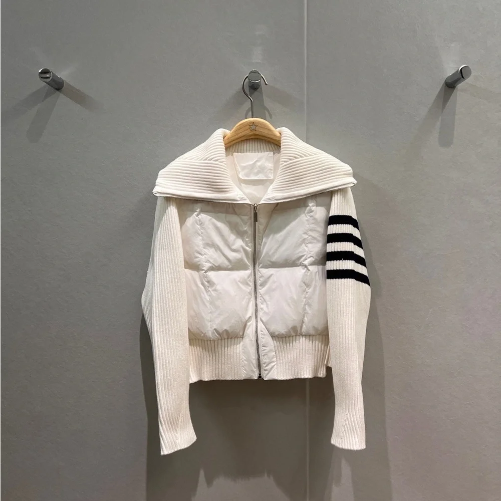 Thom Browne White Puffer Jacket with Black Stripes - Picture 1 of 8